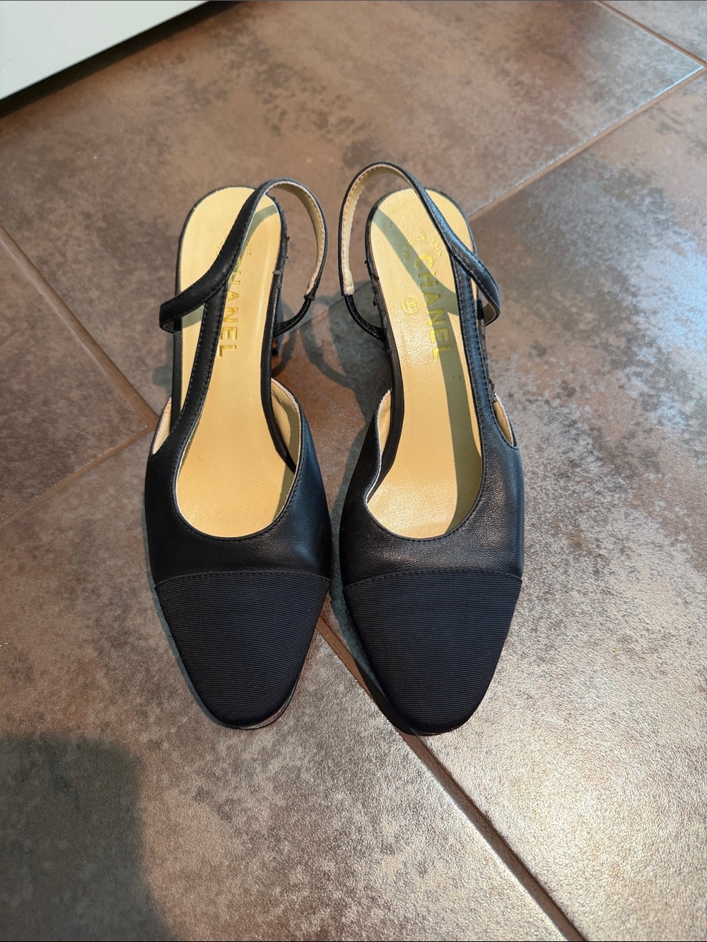 CHANEL Black Leather & Fabric Slingback Mules